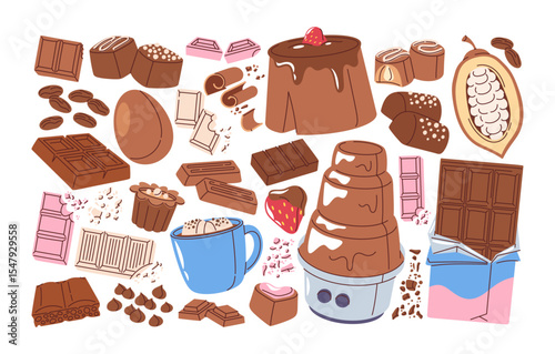 World chocolate day hand drawn design elements set with different delicious sweet food and drinks