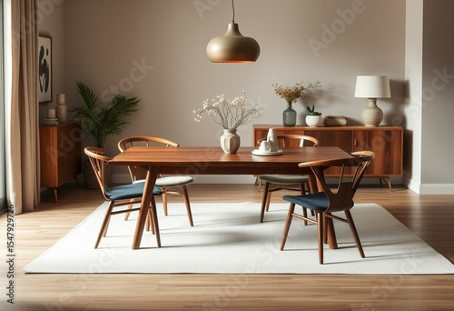 Mid-century dining room with walnut table and wishbone chairs