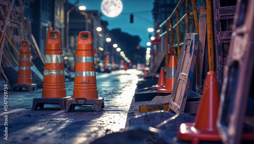 Orange traffic cones on a roadway illuminated by city lights and a full moon at night