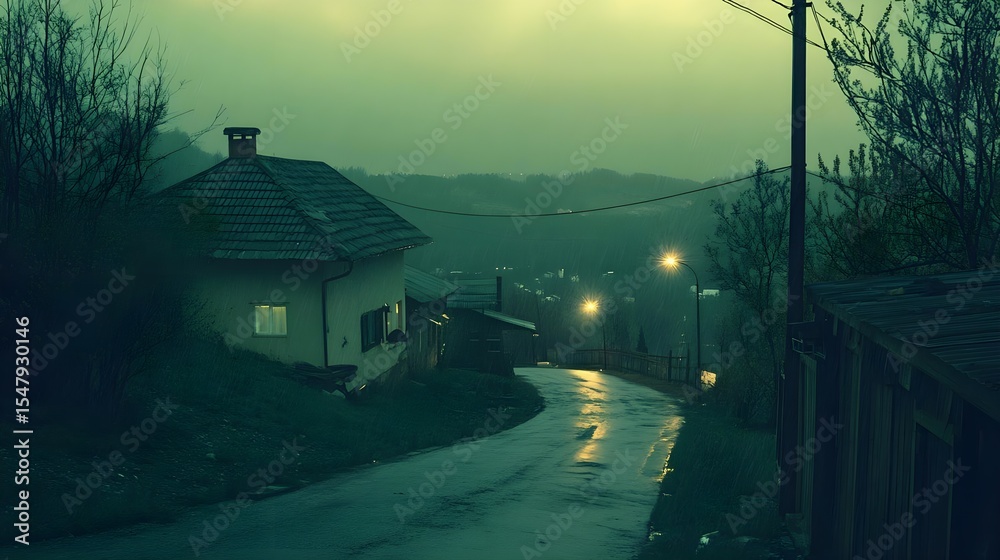 Fototapeta premium Rain, Night, Village, Rainy Night in a Mountain Village