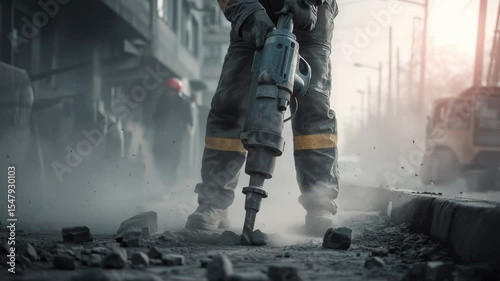 Construction worker using a jackhammer on a dusty urban street, breaking concrete as debris flies and heavy machinery operates in the background.
