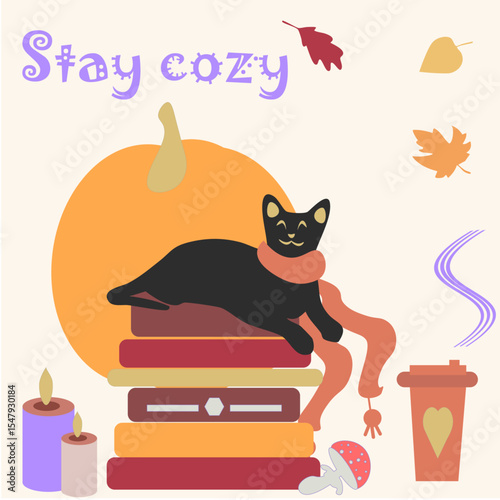Cute black cat in scarf with books and pumpkin – cozy autumn flat illustration