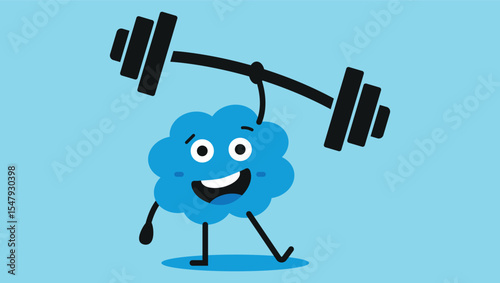 smiling cartoon brain lifting heavy barbell with one hand on blue background in fun style	
