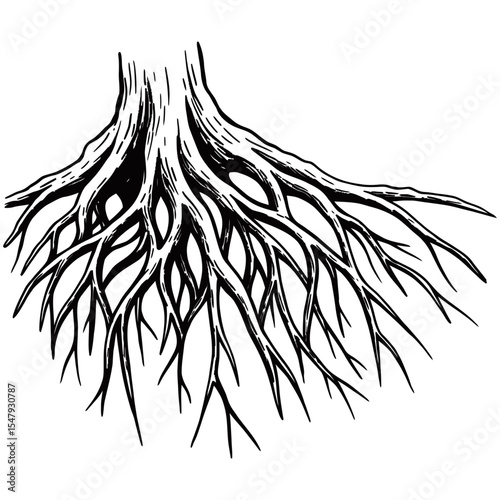Silhouette of a tree trunk with sprawling root system, intricately illustrated in black with branching organic lines spreading downward, symbolizing growth, nature, and stability.