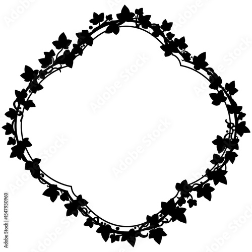 A dark silhouette of an ivy vine wreath arranged in a diamond shape, made up of intertwining leaves and stems, perfect for decorative natural-themed design borders.