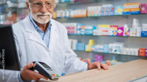 Pharmacist in a white coat holding a payment terminal as a customer pays with a credit card at a pharmacy counter, surrounded by shelves of medicine.