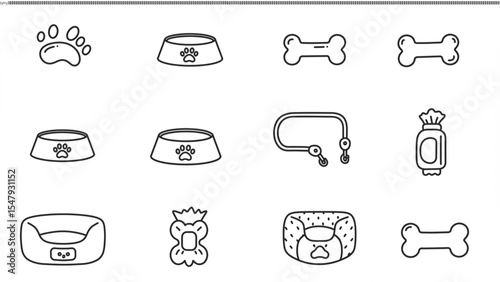 Dog Pet Icons Bowls, Bones, Beds, Leashes & More - EPS Vector Illustration