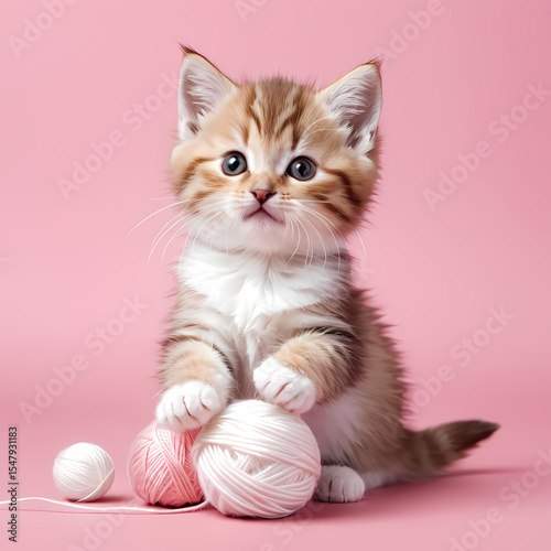 Cream Kitten Playing with White Yarn Balls on Pink Background 