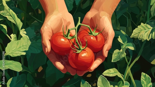 Hands holding three ripe red tomatoes in a lush green garden. The scene emphasizes fresh produce and gardening.