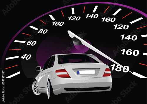 036-30-White car speeding as shown on large speedometer, illustrating driving over the speed limit and dangerous driving