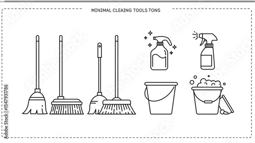 Minimalist Cleaning Tools Icons Broom, Spray Bottle, Bucket Illustrations