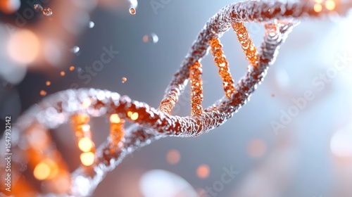 Close-up view of a DNA double helix structure representing genetics and molecular biology against a blurred background.