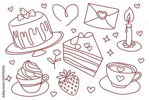 Red line art of cakes ,cupcake,letter tea and a candle