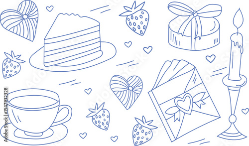 Romantic doodle illustration with cake strawberries and gifts