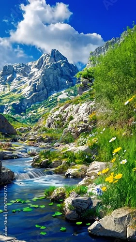 Scenic Mountain River Landscape with Snow-Capped Peaks Under Bright Blue Sky