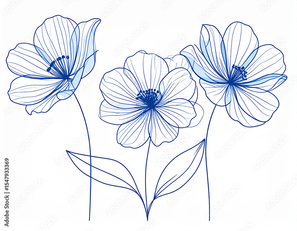Obraz premium blue flower line art design.backgrounds, cut out, doodle, invitation, no people, ornate, paint, sketch, springtime, textile, bouquet, color image, copy space, daisy, design element, 