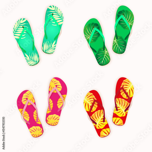 Four pairs of flip flops displayed, each featuring a unique color and star patterns