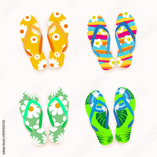 Four pairs of flip flops displayed, each featuring a unique color and star patterns