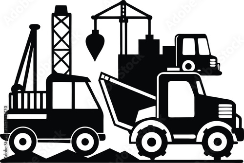 Black and White Illustration of Construction Vehicles Dump Truck Crane and Excavator on Ground vector