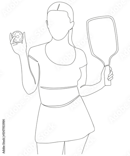 Continuous line drawing of pickleball player woman in a sporty dress holding a racket and a ball in her hands, standing in an elegant pose. Hand drawn minimal illustration Isolated on white background