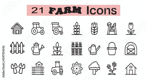 Collection of Farm Icons Showcasing Agriculture Elements Farm Life Illustrations and Rural Scenes Depicted Through Simple and Clean Line Art Designs