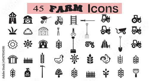 Collection of Farm silhouette Icons Black and White Line Art Depicting Agriculture Tools Animals Buildings and Crops for Graphic Design