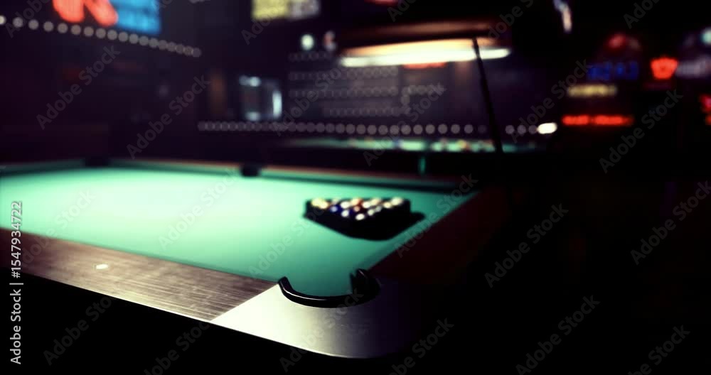 A green pool table stands in a dimly lit bar, inviting players to enjoy a game. The balls are carefully arranged in a triangle, creating an atmosphere of anticipation.
