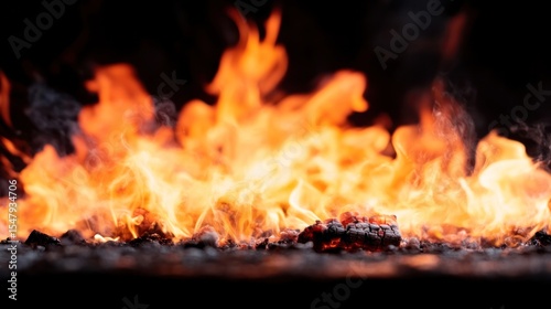 Vibrant flames dancing above glowing embers, creating a mesmerizing display of fire's intense energy and warmth.