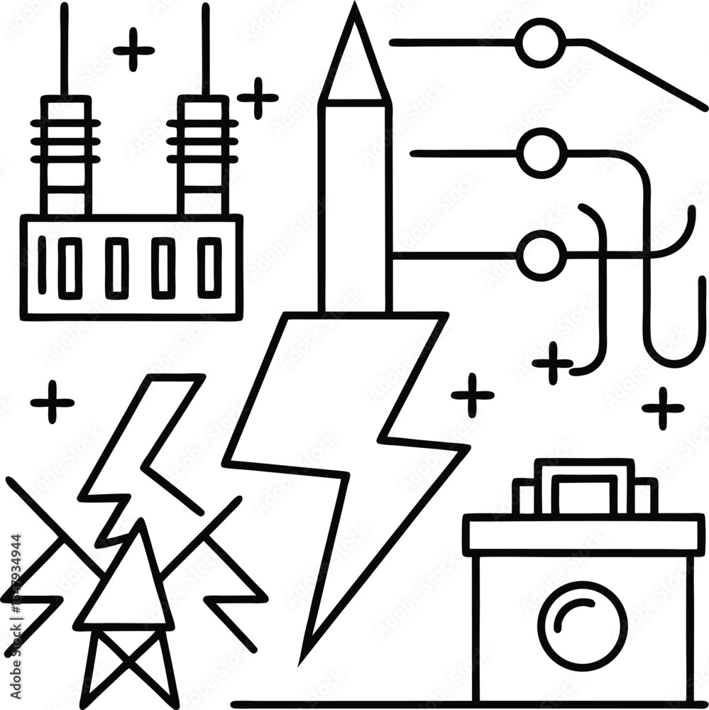 Fototapeta premium Black and White Line Art Illustration of Electrical Power Transmission System with Lightning Bolts Power Plant and Circuit Diagram