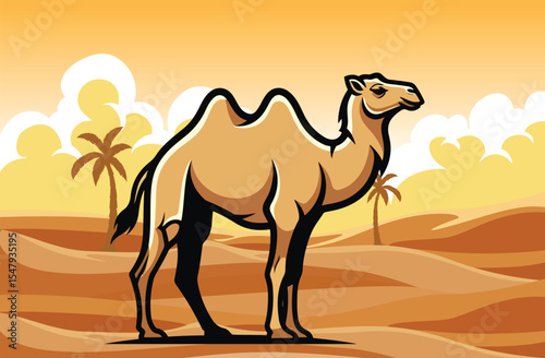 Stylized desert scene with a proud camel standing amidst sand dunes and palm trees