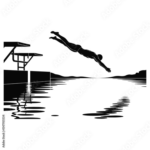 Silhouette of a Diver Leaping from a Diving Board into Water