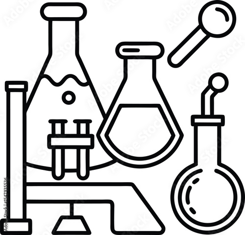 Black and white line drawing of scientific glassware including Erlenmeyer flasks test tubes and a beaker on a stand with a magnifying glass