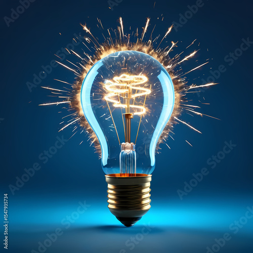 Glowing Lightbulb with Exploding Sparks on Blue Background  