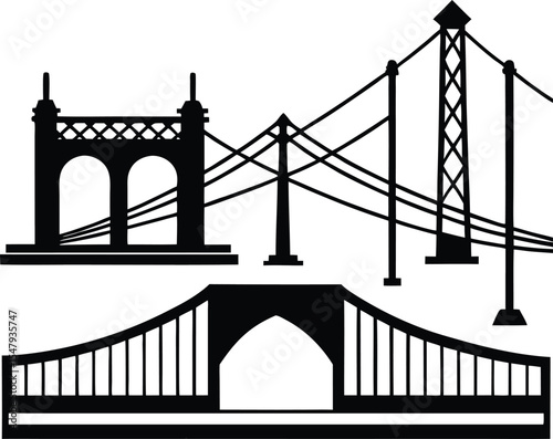 Black and White Silhouette Illustration Three Different Bridge Designs Suspension Bridge Arch Bridge Modern Bridge