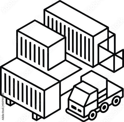 Isometric Illustration of Cargo Containers and Delivery Truck Black and White Line Art Shipping Logistics Transportation