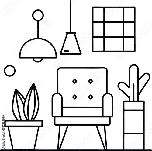 Line art illustration of a living room interior featuring an armchair potted plants hanging lamps and a geometric wall decor piece