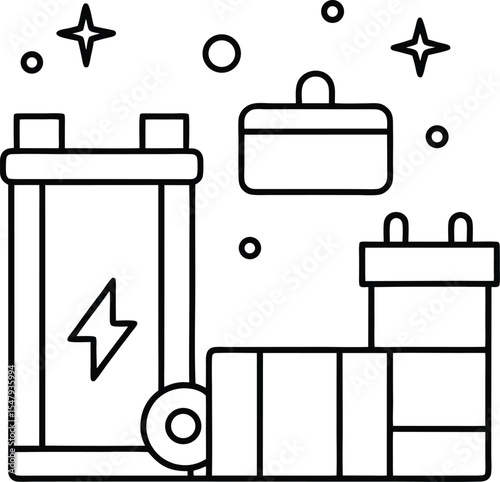 Line art illustration of battery power energy storage system with briefcase and small battery pack clean energy concept