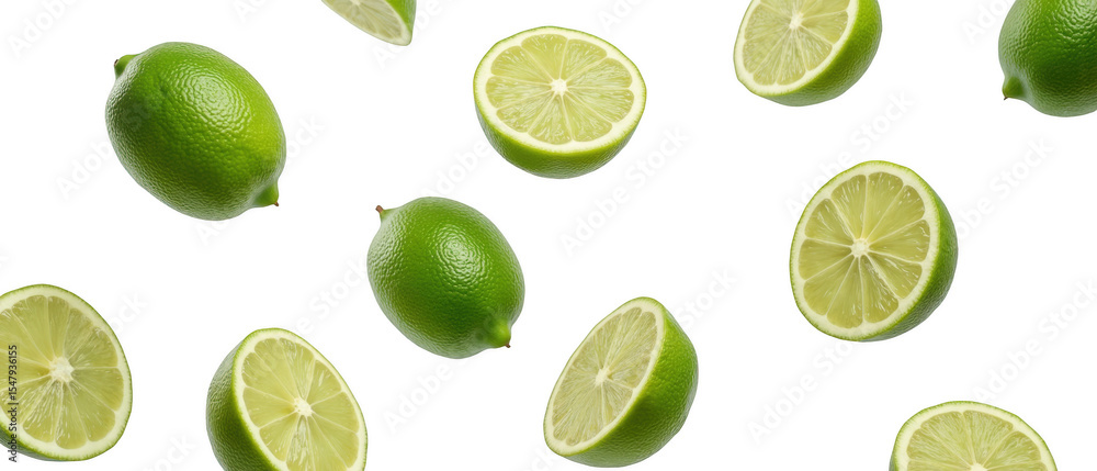 Fresh limes, sliced and whole, scattered on transparency background, create vibrant and refreshing visual Fresh limes, sliced and whole, scattered on transparency background, create vibrant and refreshing visual