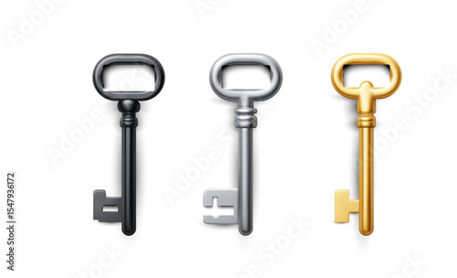 Vector illustration shows three antique skeleton keys in black, silver and gold, isolated on white background, symbolizing choice and security. 3d style.
