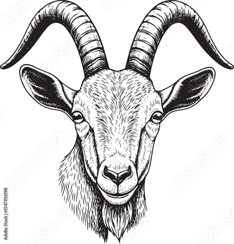 A detailed, hand-drawn vector illustration of a goat's head.