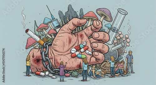 Chained hand grasping pills, syringe, bong, cigarettes, and mushrooms, surrounded by people symbolizing drug addiction's destructive power and its impact on individuals and society