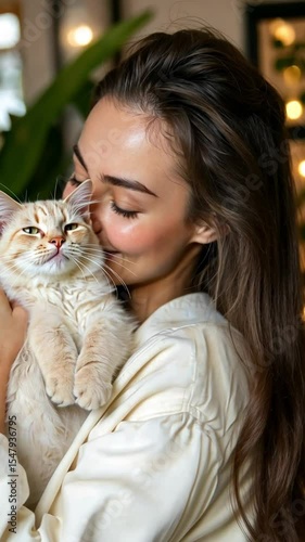 Joyful Moment of a Woman and Her Adorable Cat Sharing Affection in Cozy Environment