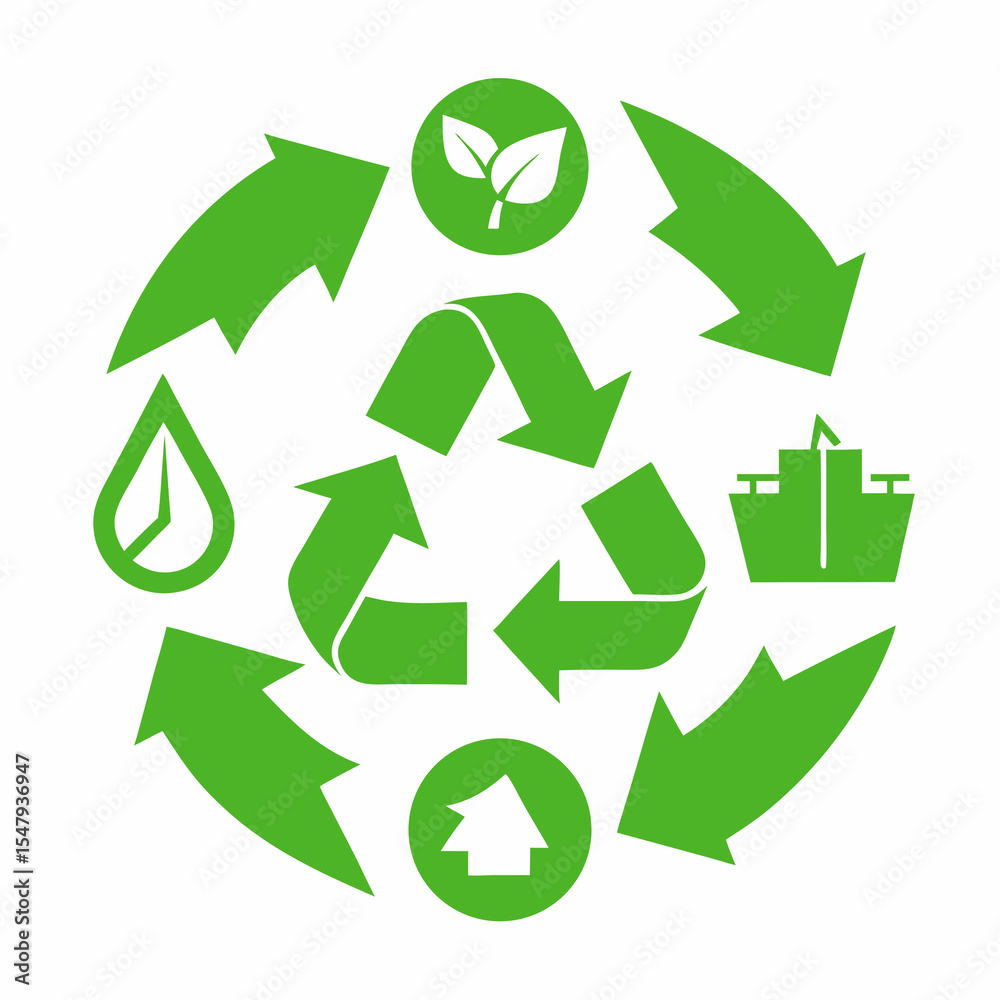 Obraz premium Recycle Symbol Composition Made of Green Energy Icons Representing Sustainability Renewable Resources and Environmental Awareness in a Circular Design