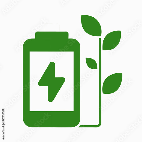 Green Battery Charging Icon with Eco Symbol Representing Sustainable Energy and Environmental Conservation on a White Background for Graphic Design