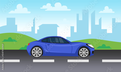 car side view vector illustration flat style sedan sport car with a city highway and hills in the background