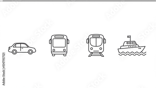 Transportation Icons Car, Bus, Train, Yacht - Vector Illustration