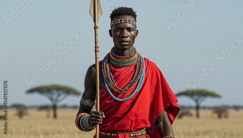 Portrait of a proud maasai warrior wearing traditional attire and holding a spear in the african savannah