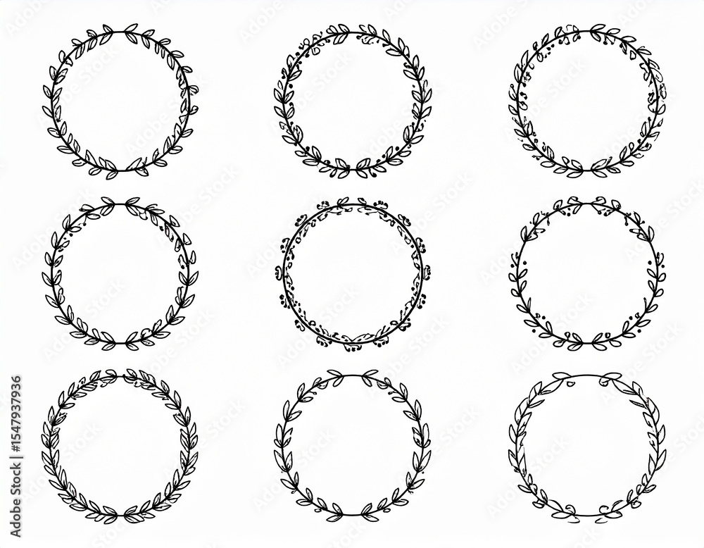Obraz premium Set of nine small decorative wreaths with foliage branches in a minimalist black and white style.rustic, leaf, nature, artistic, border, chic, curve, cut out, delicate, elegant, graceful, growth,