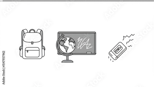 Backpack, Globe, Blackboard, and Eraser Education Line Art Illustration