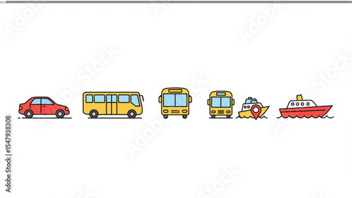 Collection of Transportation Icons Car, Bus, and Boat Illustrations